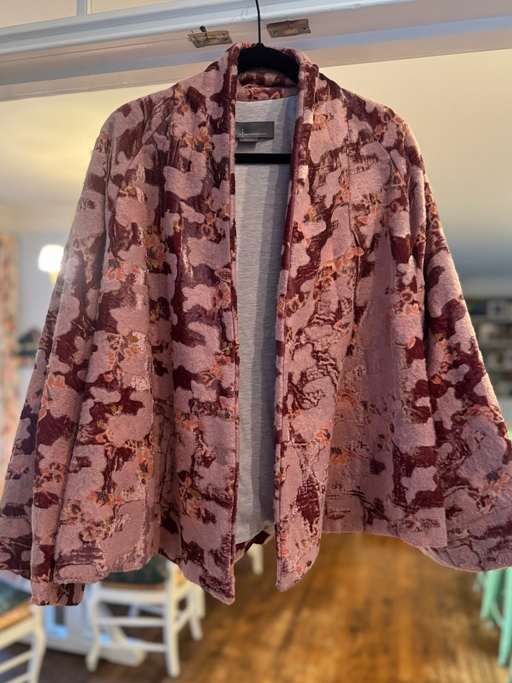 Anthropologie Julienne Velvet Burnout Kimono Floral Open Front Jacket